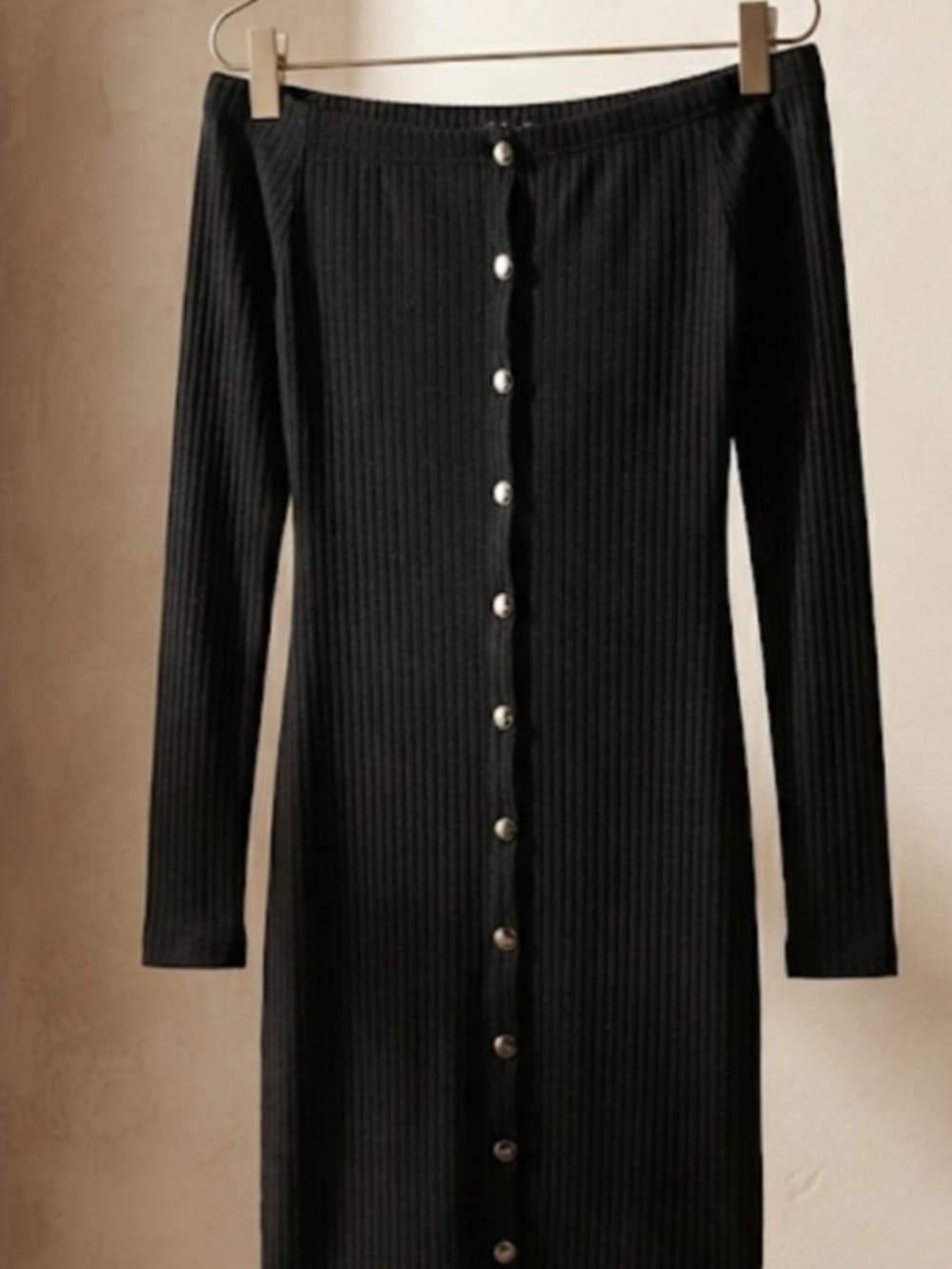 Black Ribbed Off-Shoulder Button-Front Dress